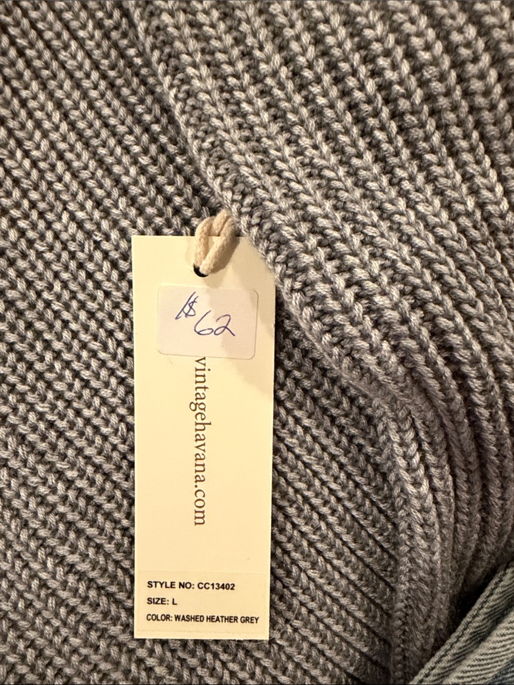 Vintage Havana Gray Ribbed Crewneck Sweater with Denim Collar & Cuffs Size L NWT - Picture 3 of 12